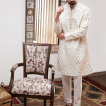 Men White & Gold Toned Woven Design Jashn Kurta with Pyjamas