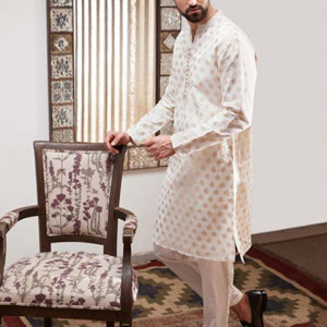 Men White & Gold Toned Woven Design Jashn Kurta with Pyjamas