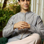 Men Grey Ethnic Motifs Embroidered Kurta with Cream Salwar