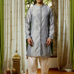 Men Grey Ethnic Motifs Embroidered Kurta with Cream Salwar